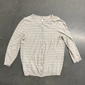 LOFT Womens Tan White Striped Button Front Cardigan Sweater Size L 3/4 Sleeve